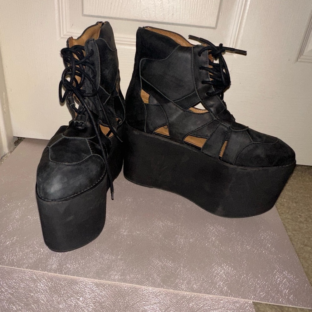Jeffrey Campbell Stein Black Suede Leather Platform Lace-Up Shoes 8 rave - Picture 2 of 12
